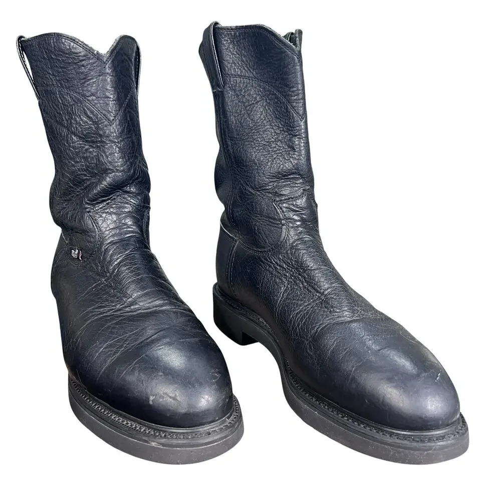 Vintage Justin 4767 Men's Black Pitstop Leather Steel Toe Work Boots Size 11 EE